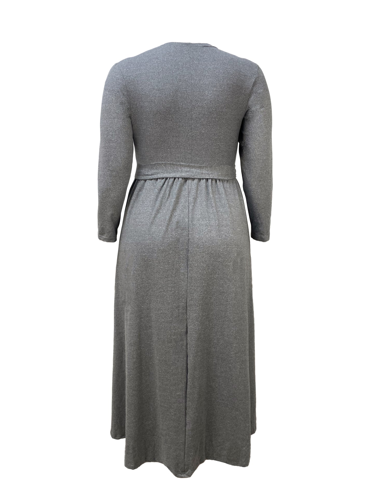 Plus Size Elegant Gray Maxi Dress with Belt - Stretchy Polyester, Long Sleeves, Round Neck, Ruffle Hem & Pockets - Machine Washable for Spring/Fall, TB6422, Waist-cinching, Long Dress