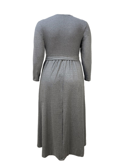 Plus Size Elegant Gray Maxi Dress with Belt - Stretchy Polyester, Long Sleeves, Round Neck, Ruffle Hem & Pockets - Machine Washable for Spring/Fall, TB6422, Waist-cinching, Long Dress