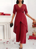 Plus Size Elegant Solid Color Pants Set, V Neck Top & Pants Outfits, Women's Plus Size Clothing