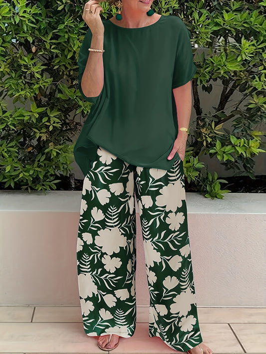 Plus Size Elegant Two-piece Set, Solid Crew Neck Short Sleeve Top & Floral Print Pants Outfits, Women's Plus Size Clothing