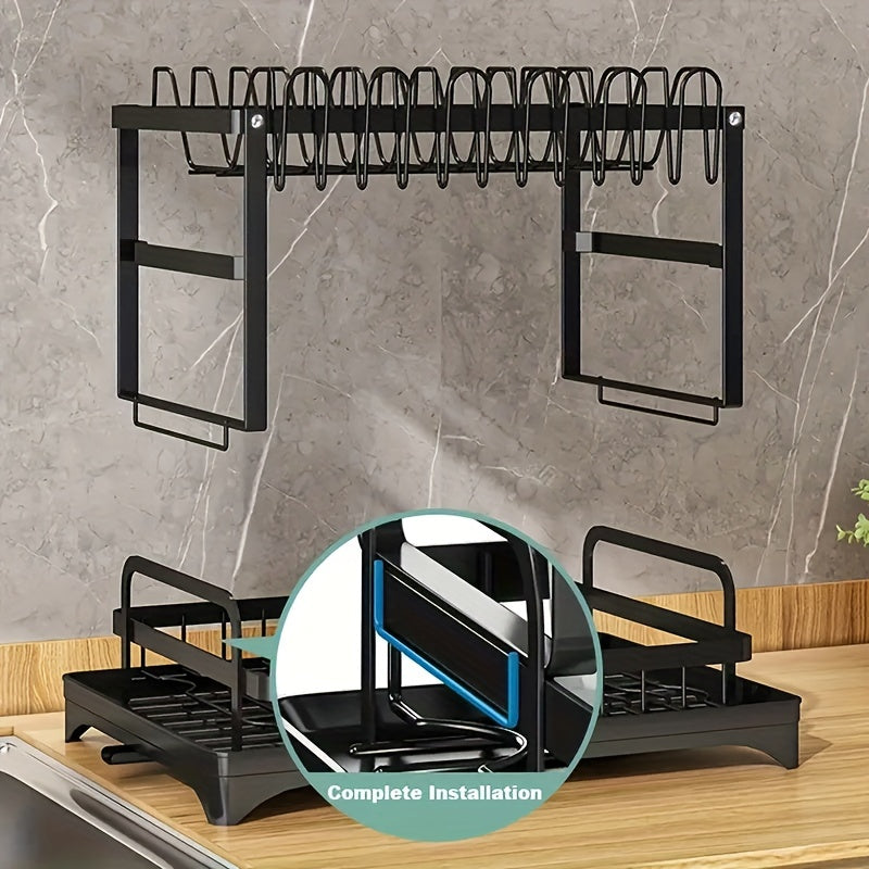 1pc Black 2-Tier Over Sink Dish Rack with Drainboard, Removable Utensil Holder, Cup Rack, and Cutlery Organizer - Metal and Plastic Kitchen Accessory Set Without Electricity