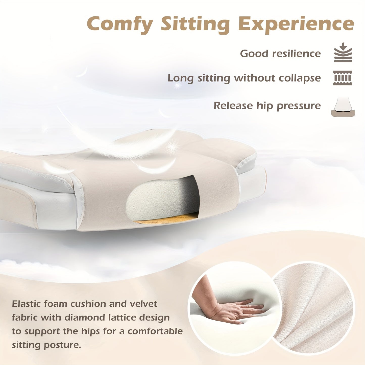Silla de oficina ergonómica de terciopelo beige con soporte lumbar, reposabrazos ajustables y base giratoria: cómoda silla ejecutiva para el hogar, el estudio o el dormitorio.
