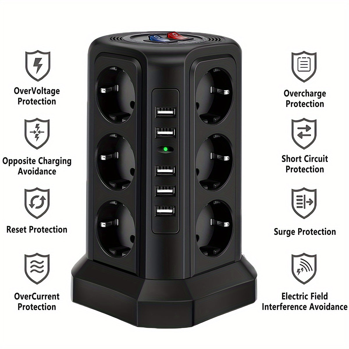 Tower Multi Power Strip Vertical EU Plug 12 Way Outlets Sockets With 5 USB Switch Multiple Vertical Power Strip 2 Switches Multi Socket Power Strip, Surge Protection And Short Circuit Protection