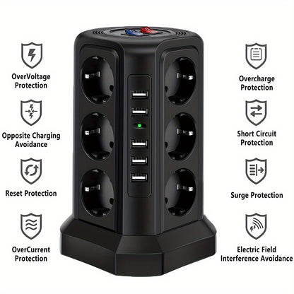 Tower Multi Power Strip Vertical EU Plug 12 Way Outlets Sockets With 5 USB Switch Multiple Vertical Power Strip 2 Switches Multi Socket Power Strip, Surge Protection And Short Circuit Protection