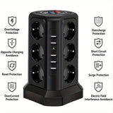 Tower Multi Power Strip Vertical EU Plug 12 Way Outlets Sockets With 5 USB Switch Multiple Vertical Power Strip 2 Switches Multi Socket Power Strip, Surge Protection And Short Circuit Protection