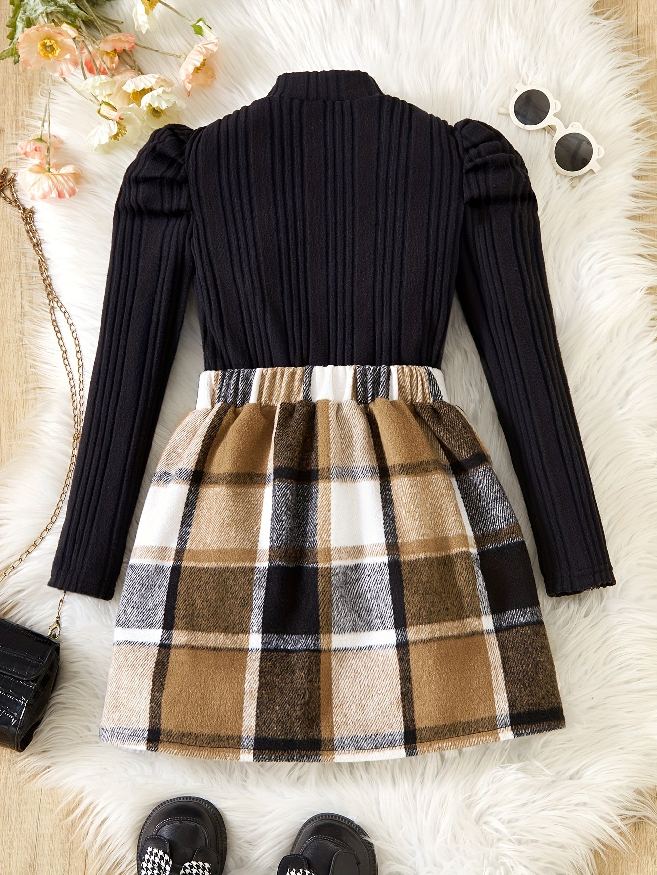 Elegant Girls' 2pcs Set: Mock Turtleneck Long Sleeve Top with Asymmetrical Plaid Skirt & Waist Detail - Machine Washable, Polyester Blend