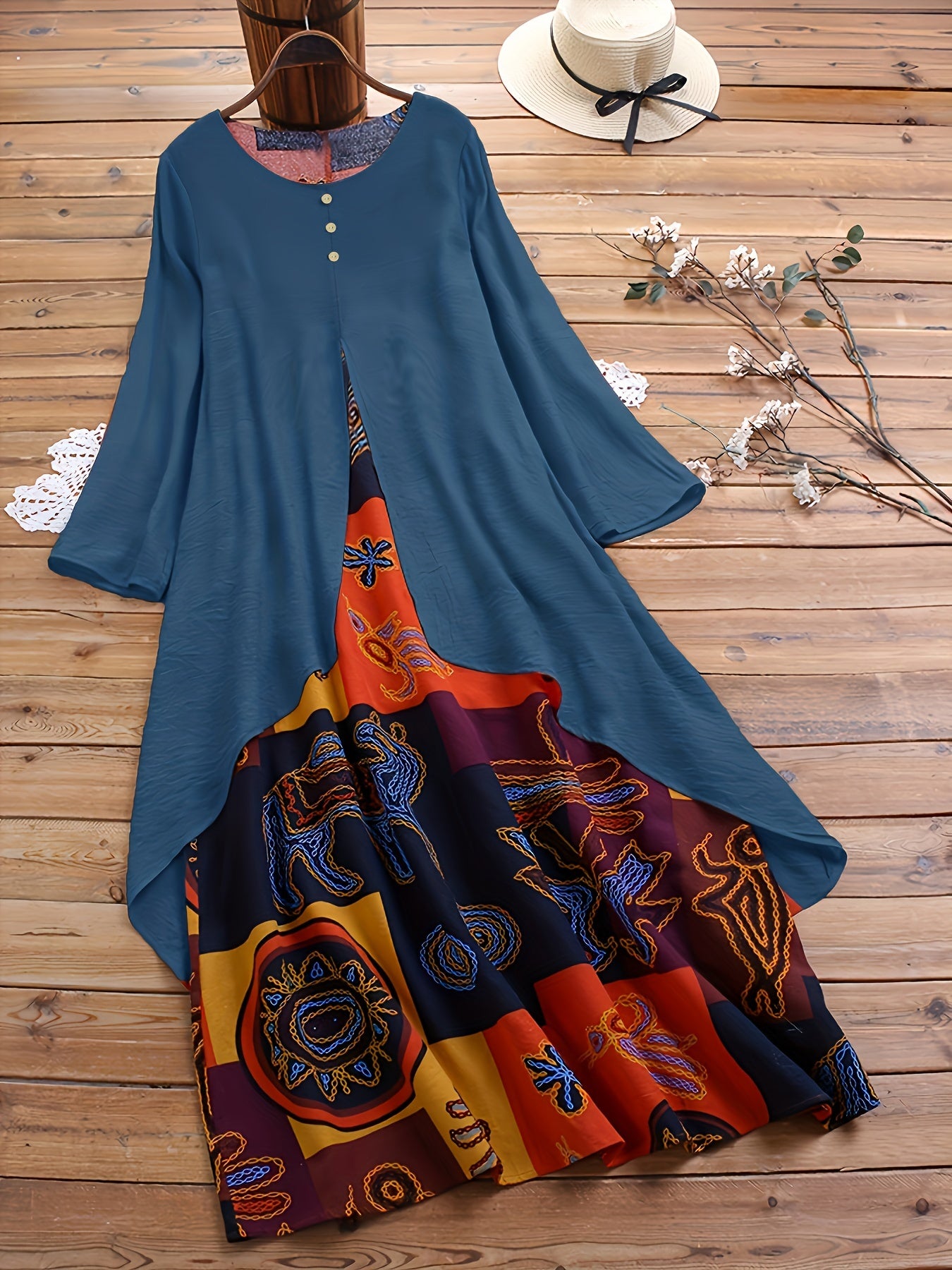 Plus Size 2-in-1 Graphic Print Dress, Casual Button Decor Crew Neck Long Sleeve Dress For Spring, Women's Plus Size Clothing