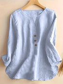V-Neck Button-Up Top - Loose Fit Solid Color Pullover, Fashionable Casual V-Neck Shirt for Women, Relaxed Fit, Non-Stretch Cotton Linen Blouse
