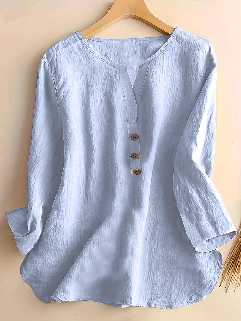 V-Neck Button-Up Top - Loose Fit Solid Color Pullover, Fashionable Casual V-Neck Shirt for Women, Relaxed Fit, Non-Stretch Cotton Linen Blouse