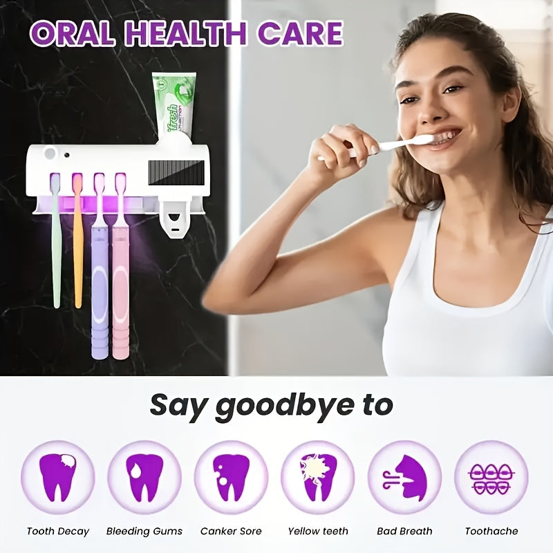 1pc Smart UV Disinfecting Toothbrush Holder with Solar Panel, Wall-Mounted 4-Slot Toothbrush Sanitizer and Squeegee Toothpaste Dispenser, Automatic Power-Off, Bathroom Accessory, No-Drill Installation, USB Rechargeable Lithiu