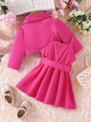 Baby Girls Fashion Button Long Sleeve Lapel Collar Coat + Bow Pleated Suspender Skirt Two-piece Set Outdoor Clothing