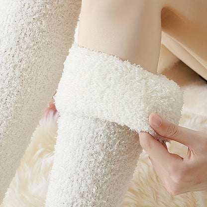2-Pack Coral Velvet Women'S Over Knee Socks - Winter Snow Fleece Leg Socks, Non-Shedding, Thick Warm Polyester Knit Fabric, Fluffy Comfort Floor Socks, Hand Wash Only