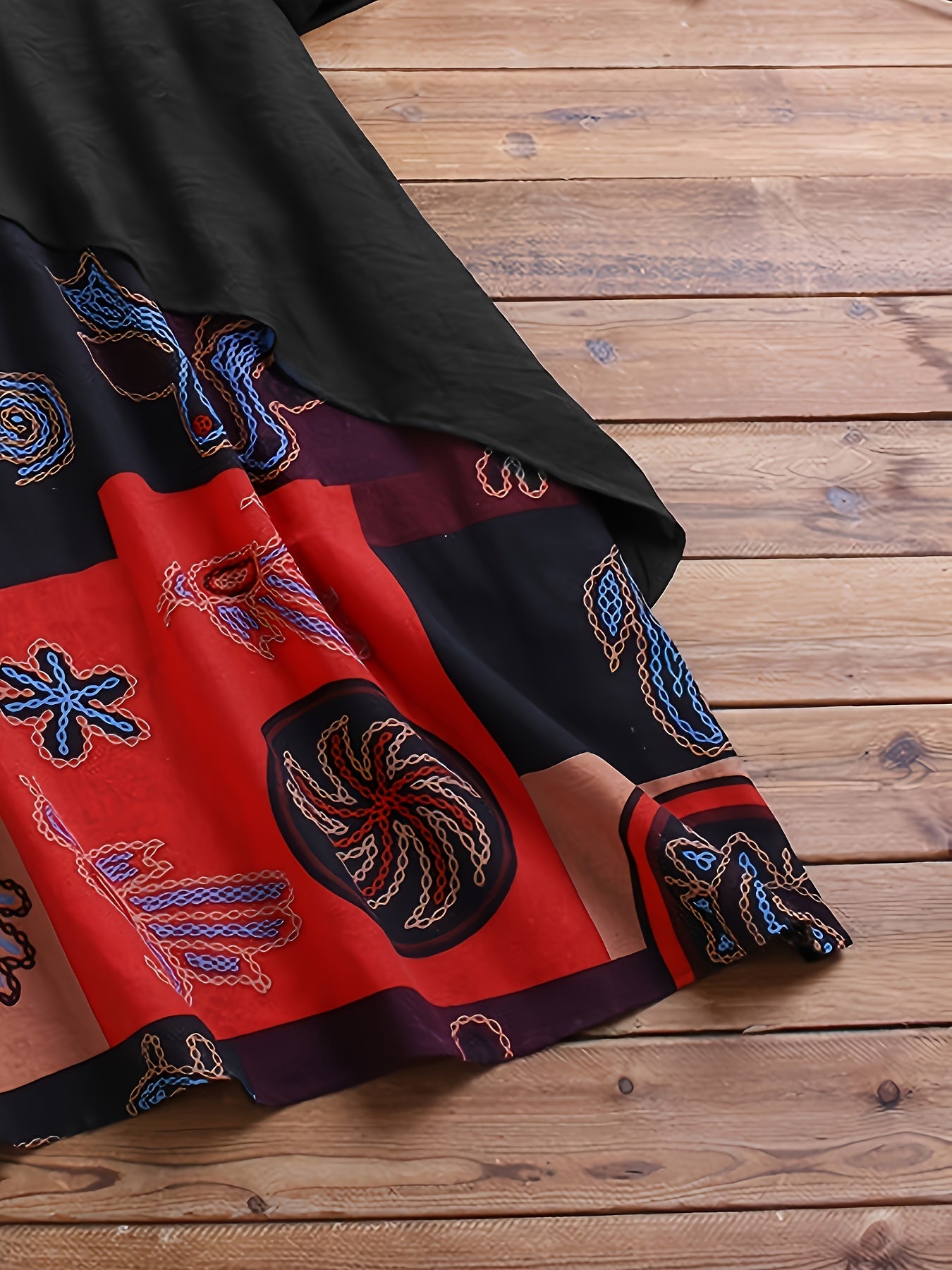 Plus Size 2-in-1 Graphic Print Dress, Casual Button Decor Crew Neck Long Sleeve Dress For Spring, Women's Plus Size Clothing