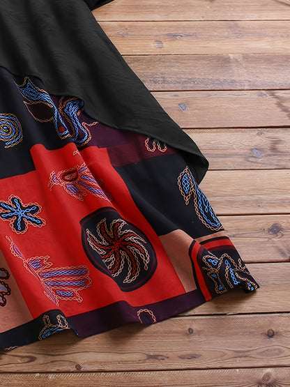 Plus Size 2-in-1 Graphic Print Dress, Casual Button Decor Crew Neck Long Sleeve Dress For Spring, Women's Plus Size Clothing
