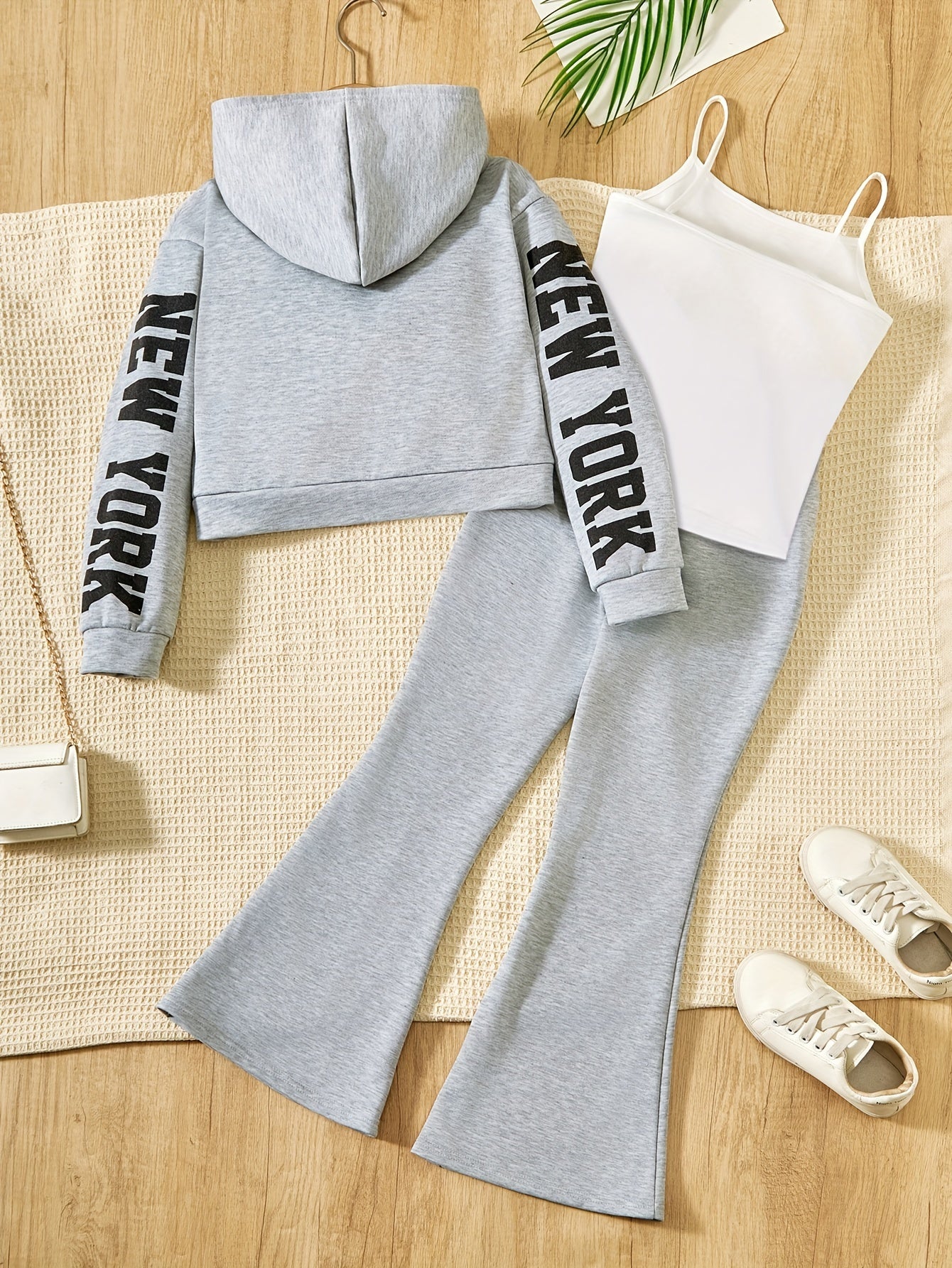 3-Piece Outdoor Sporty Girl's Long Sleeve Zip-up Hoodie + Flared Trousers With Camisole Set - Versatile Comfy For Spring/ Fall Casual Wear, Gift Idea