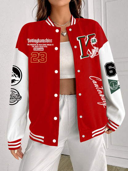 Chic Plus Size Women's Baseball Jacket - Casual Fall/Winter Coat with Letter Print, Button-Up Front, Machine Washable