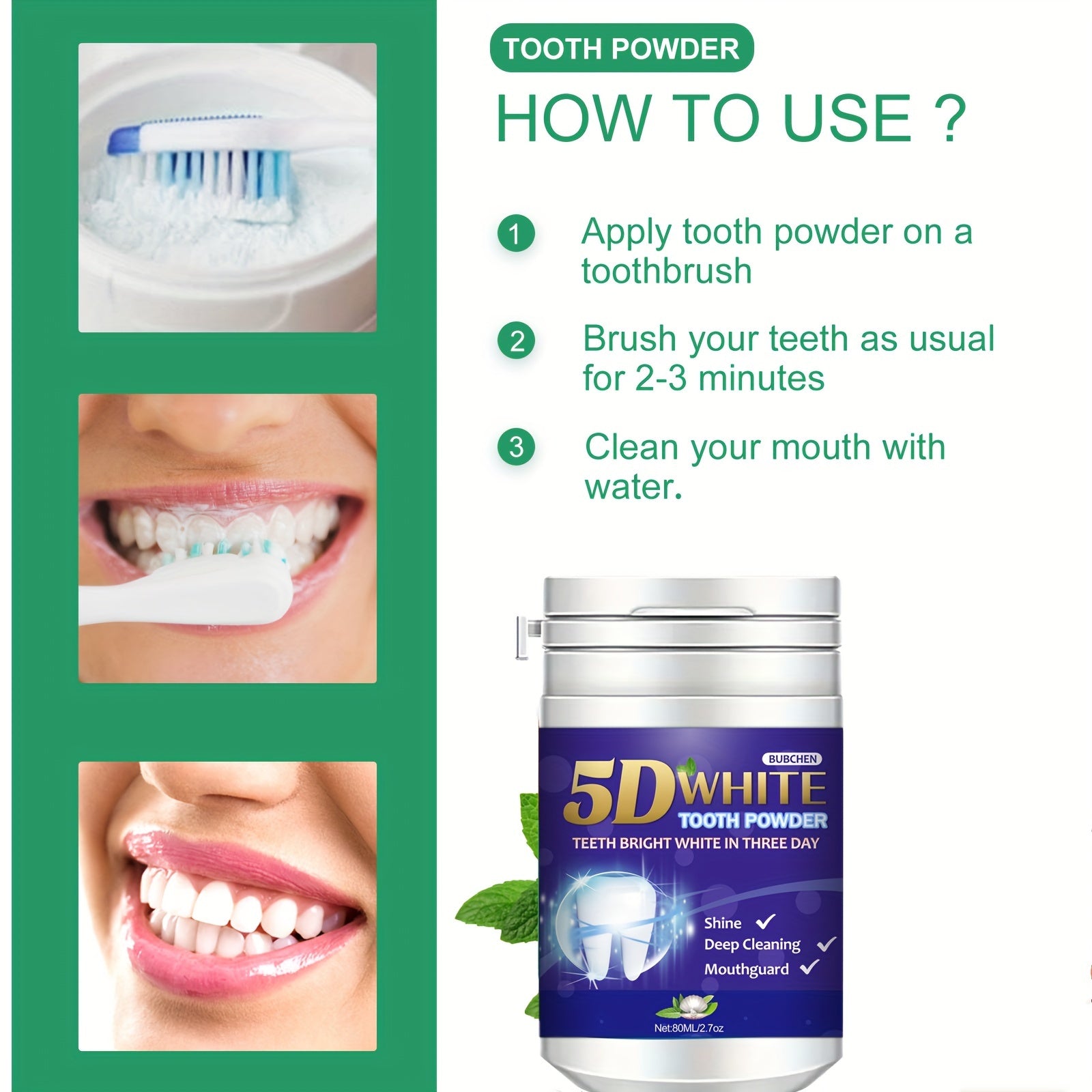 Polvo blanqueador de dientes, polvo limpiador dental, sabor a menta fresca, brillo eficaz y limpieza profunda.