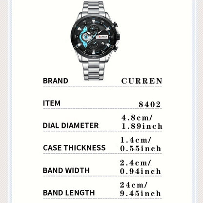 CURREN Men's Sports Watch Multifunctional Chronograph Stainless Steel Pointer Round Watch