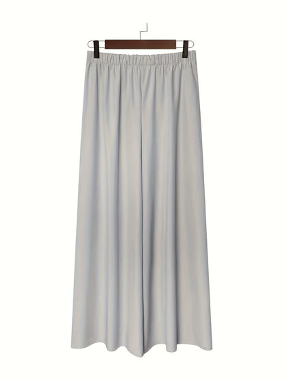 Plus Size - 2pcs Plus Size Wide-Leg Culottes - Casual High-Waist Pants with Elastic Waistband, Non-Stretch Fabric, Solid Color, Relaxed Fit for Spring/Summer/Fall, Casual Attire|Elastic Waistband Pants|Nonstretch Fabric