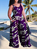 Plus Size, Plus Size Women's Sleeveless V-Neck Geometric Striped Jumpsuit - Wide-Leg Beach Vacation Outfit, Green Yellow White Purple Casual Elegance, Machine Washable All-Season Wear, Beach Clothes, Summer Wardrobe, Elegant