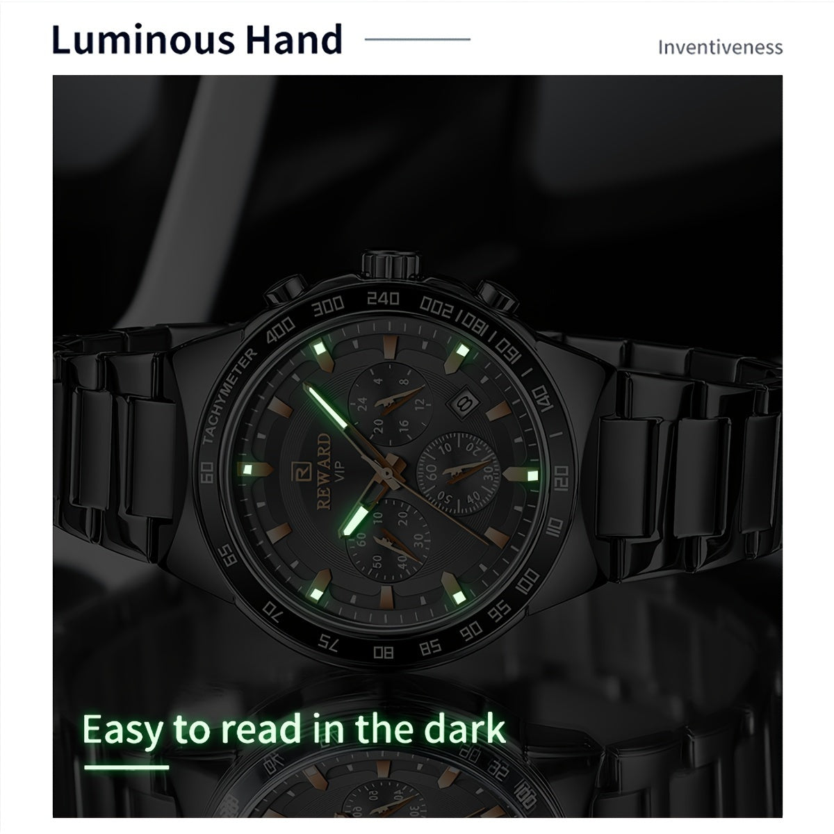 REWARD Black Quartz Watches For Men, Sport Chronograph Luminous Waterproof Wrist Watches