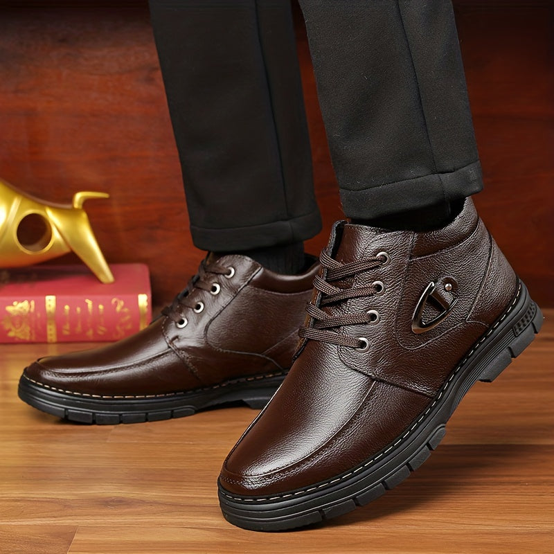Botas de cuero para hombre, calzado térmico de invierno, botas de senderismo cortavientos con forro afelpado