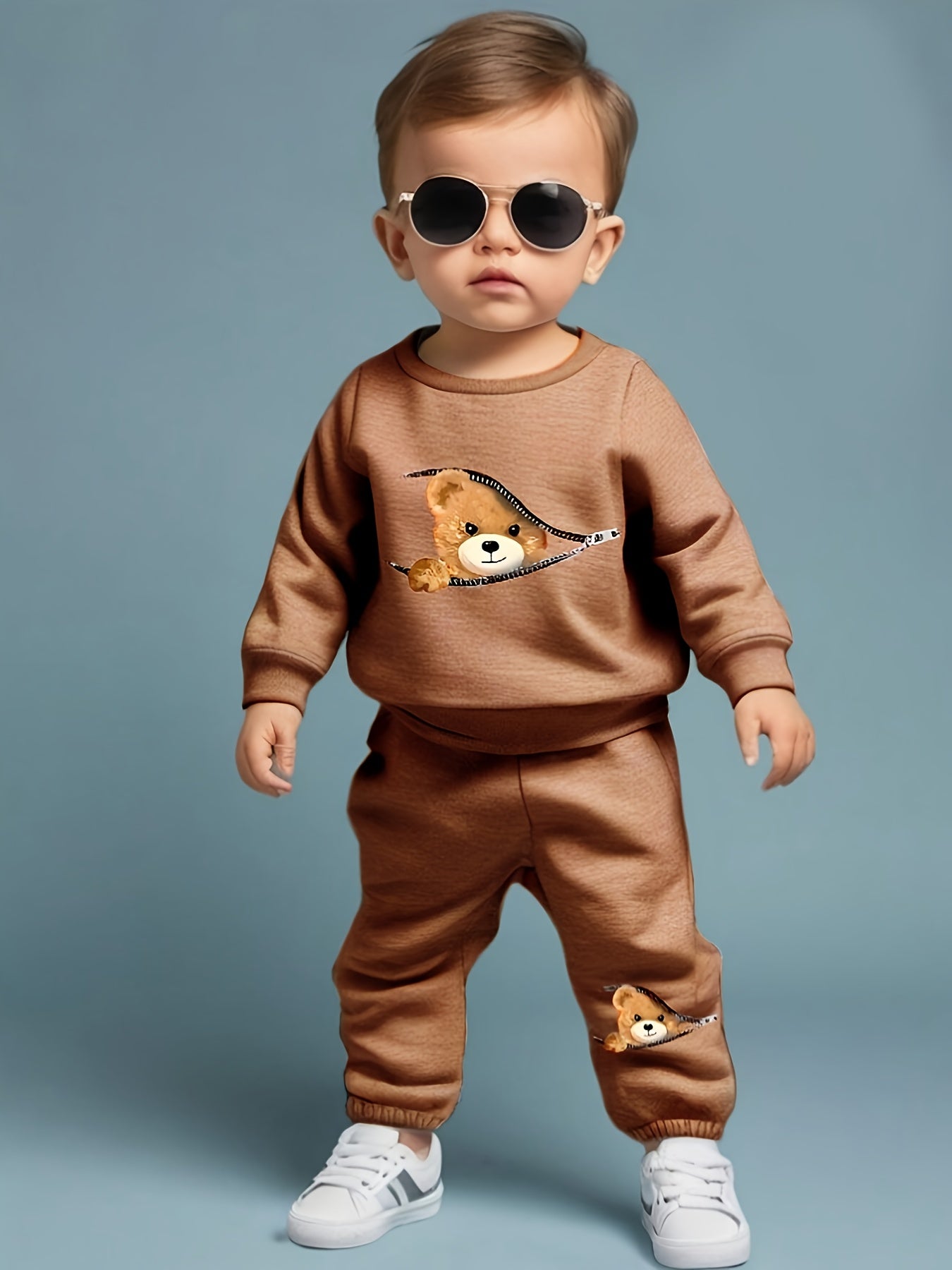 Adorable Bear Print Zip-Up Sweatshirt &amp; Joggers Set for Boys - Cozy Polyester Blend, Machine Washable - Perfect for Fall/Winter, Perfect for Outdoor
