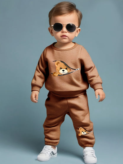 Adorable Bear Print Zip-Up Sweatshirt &amp; Joggers Set for Boys - Cozy Polyester Blend, Machine Washable - Perfect for Fall/Winter, Perfect for Outdoor