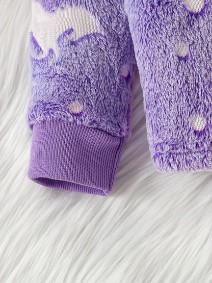 Girls' Autumn and Winter Cute Purple Unicorn Plush Long Sleeve and Pants Suit, Perfect for Outdoor