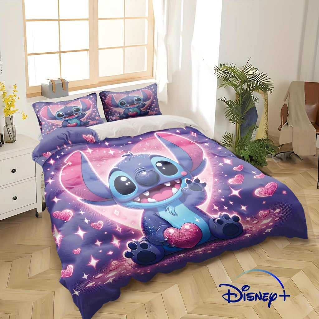 Valentine'S Day Disney 3pcs Bedding Set Featuring Stitch And Angel Cartoons, Which Includes 1 Duvet Cover And 2 Pillowcases. This Super Soft Bedding Is Perfect for Bedrooms And Guest Rooms, Making It an Ideal Gift for Family.