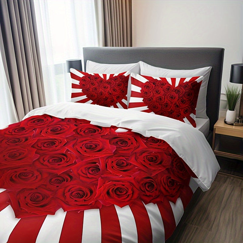 3pcs Romantic Red & White Rose Floral Print Bedding Set - Includes 1 Duvet Cover & 2 Pillowcases, Breathable Polyester, All-Season Comfort, HD Print for Home & Dorm Decor, Bed Accessories