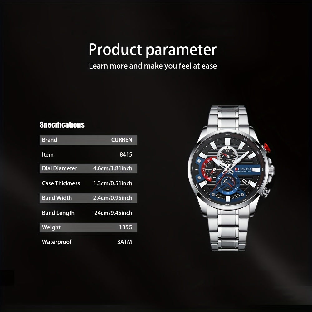 CURREN Reloj cronógrafo deportivo de cuarzo para hombre, de negocios, informal, de moda, analógico, con calendario, reloj de pulsera con fecha