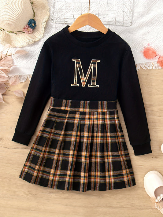 2PCS Girls Vintage Style M Letter Print Long Sleeve T-shirt Top + Plaid Skirt Set Spring Fall Outdoor Activities, As A Gift