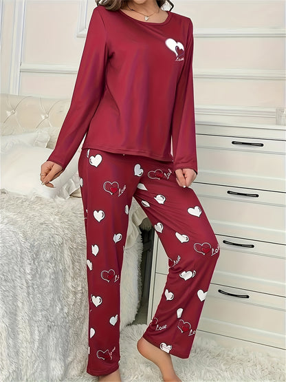 Cozy & Cute Women's Heart Pattern Pajama Set in Dark Gray - Long Sleeve & Pants, Round Neck, Soft Polyester Blend, Machine Washable Sleepwear for Autumn/Winter