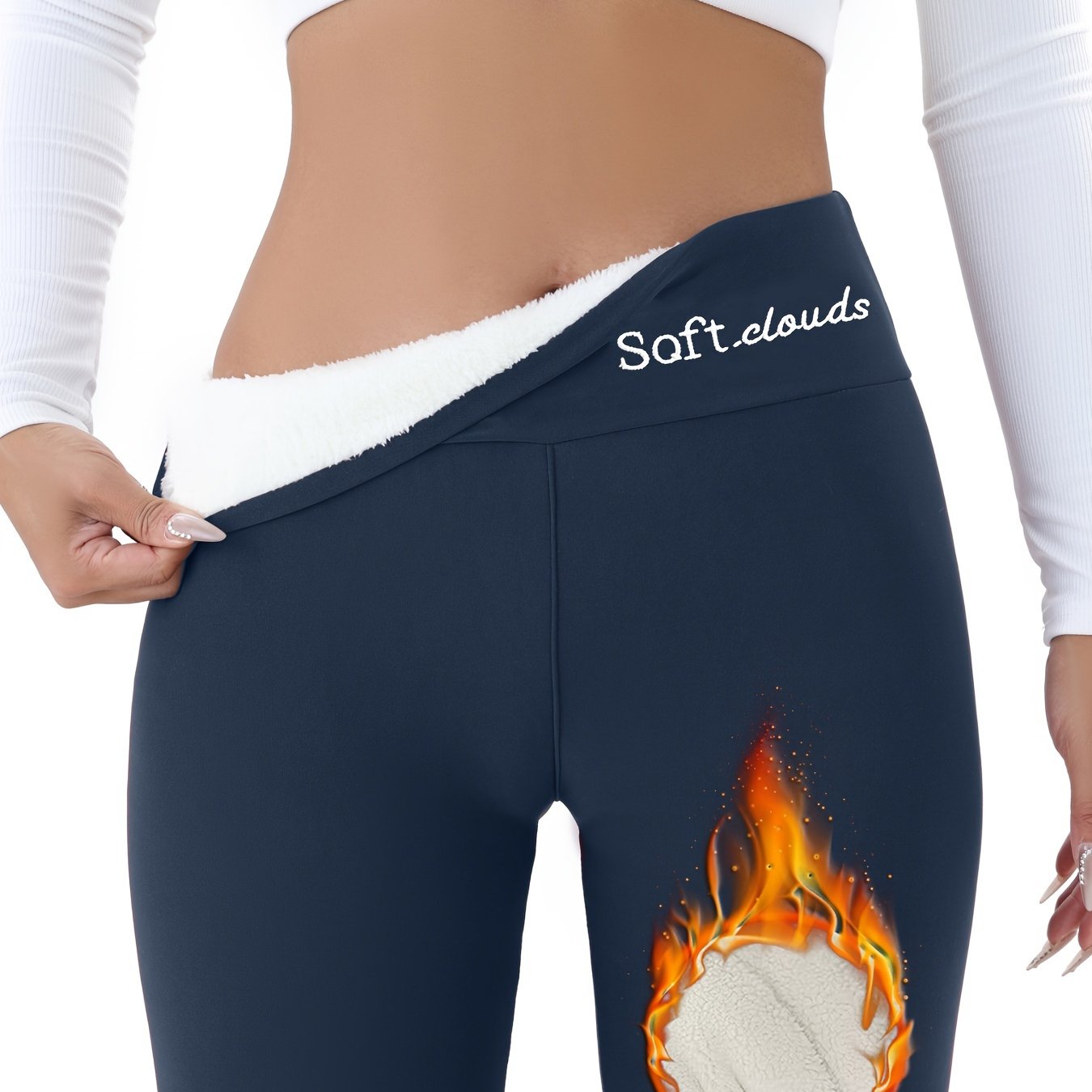 Women's Elegant Embroidered Fleece-Lined Leggings - Soft, Stretchy, Warm Fall & Winter Black Pants with Flame Detail, Plus Size Pants