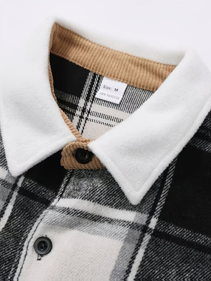 1pc Men'S Casual Plaid Fleece Jacket, Thickened Outerwear with Button Closure, Polyester Fabric, Non-Stretch, Regular Fit, Autumn/Winter Season, Solid Color Pocket Detail