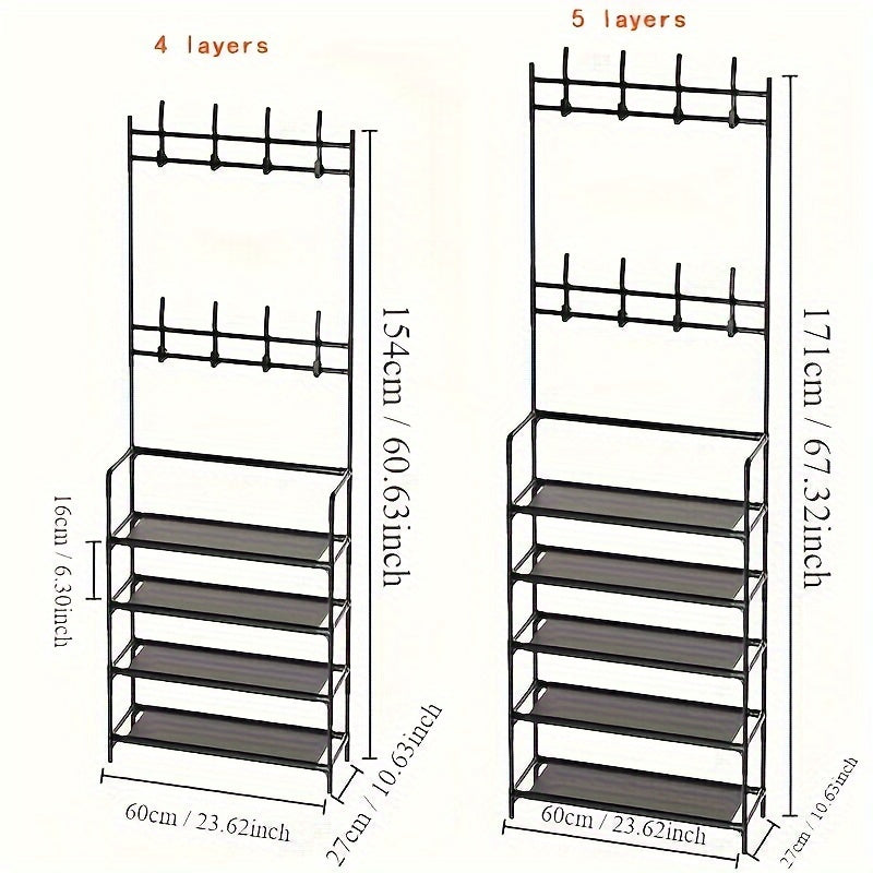 Multifunctional Metal Entrance Hall Organizer - 4-layer Black Clothes and Hat Rack with Shoe Cabinet, Perfect Choice for Home Storage, Independent Clothes and Shoe Rack, Suitable for Front Door Entrance, Used to Store Clothes
