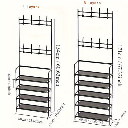 Multifunctional Metal Entrance Hall Organizer - 4-layer Black Clothes and Hat Rack with Shoe Cabinet, Perfect Choice for Home Storage, Independent Clothes and Shoe Rack, Suitable for Front Door Entrance, Used to Store Clothes