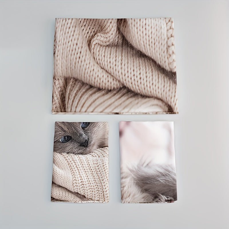 3pcs Cat Print Bedding Set - Includes 1 Duvet Cover & 2 Pillowcases, Breathable Polyester, Machine Washable - Perfect for All Seasons