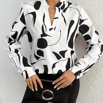 Geo Print V Neck Blouse, Casual Long Sleeve Blouse For Spring & Fall, Women's Clothing