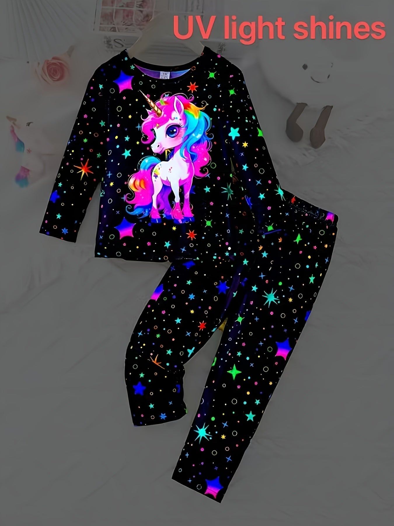 Little Girl 2pcs Set with Unicorn Long Sleeve Top and Star-printed Pants Set for Autumn and Winter, Casual and Cute Style, Home Wear Set