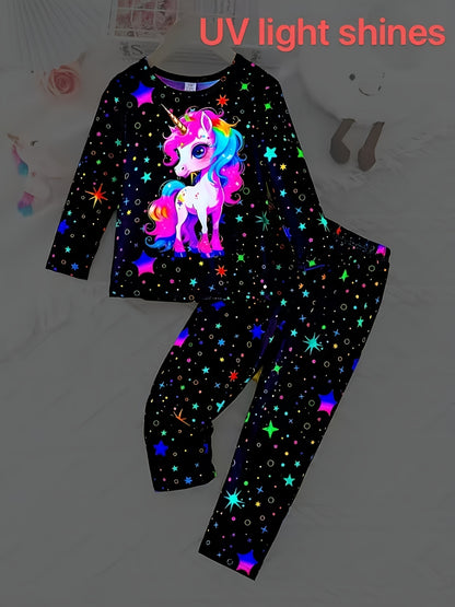 Little Girl 2pcs Set with Unicorn Long Sleeve Top and Star-printed Pants Set for Autumn and Winter, Casual and Cute Style, Home Wear Set
