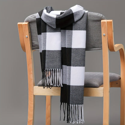 1pc Elegant Plaid Scarf for Men and Women - 100% Polyester, Knitted & Woven, Weekend Casual Style, Warm & Decorative, Inelastic with Fringe Detail, Hand Wash Only