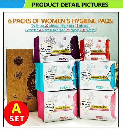 6-Pack Moloven Women'S Sanitary Napkins, 60/56pcs, Ultra-Thin Wings, Soft Comfort, Overnight Absorbent Menstrual Protection, Fragrance-Free, Disposable, Travel Size, Woven Fabric, Non-Woven Material, Pad Format