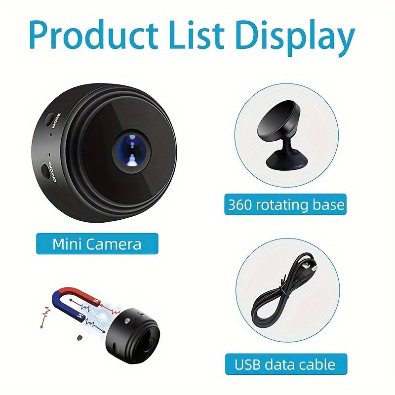 Minicámara de vigilancia inalámbrica con tapa trasera magnética, captura de video de 480p, batería recargable de polímero de litio, alimentación por USB/batería, Wi-Fi para monitoreo en casa, oficina y auto (blanco y negro)
