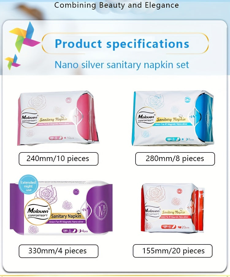 6-Pack Moloven Women'S Sanitary Napkins, 60/56pcs, Ultra-Thin Wings, Soft Comfort, Overnight Absorbent Menstrual Protection, Fragrance-Free, Disposable, Travel Size, Woven Fabric, Non-Woven Material, Pad Format