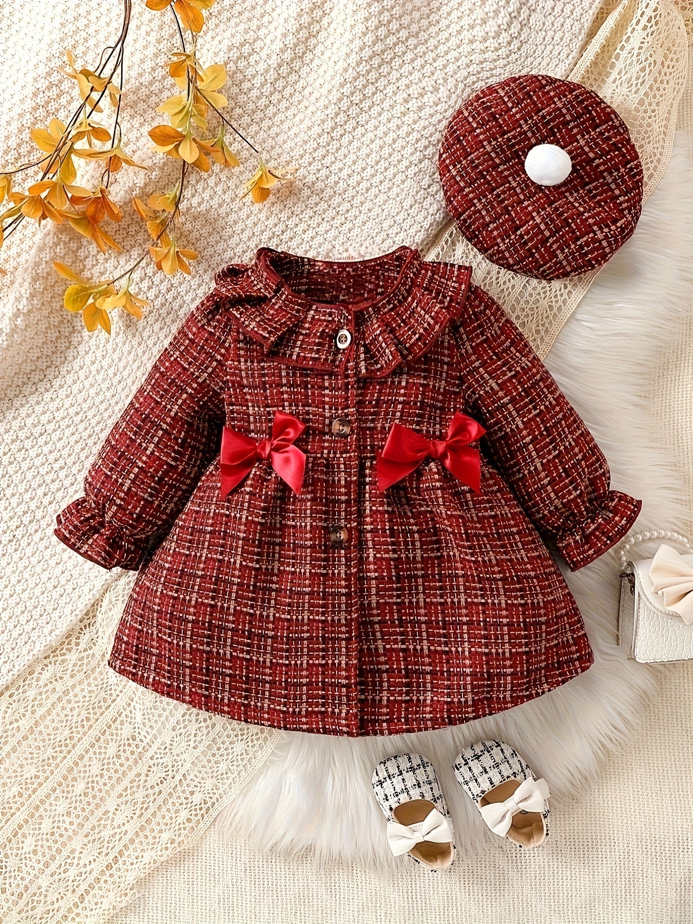 Baby's Elegant Bowknot Decor Ruffled Tweed Long Sleeve Dress, Infant & Toddler Girl's Dress For Daily Wear/Holiday/Party, As Gift