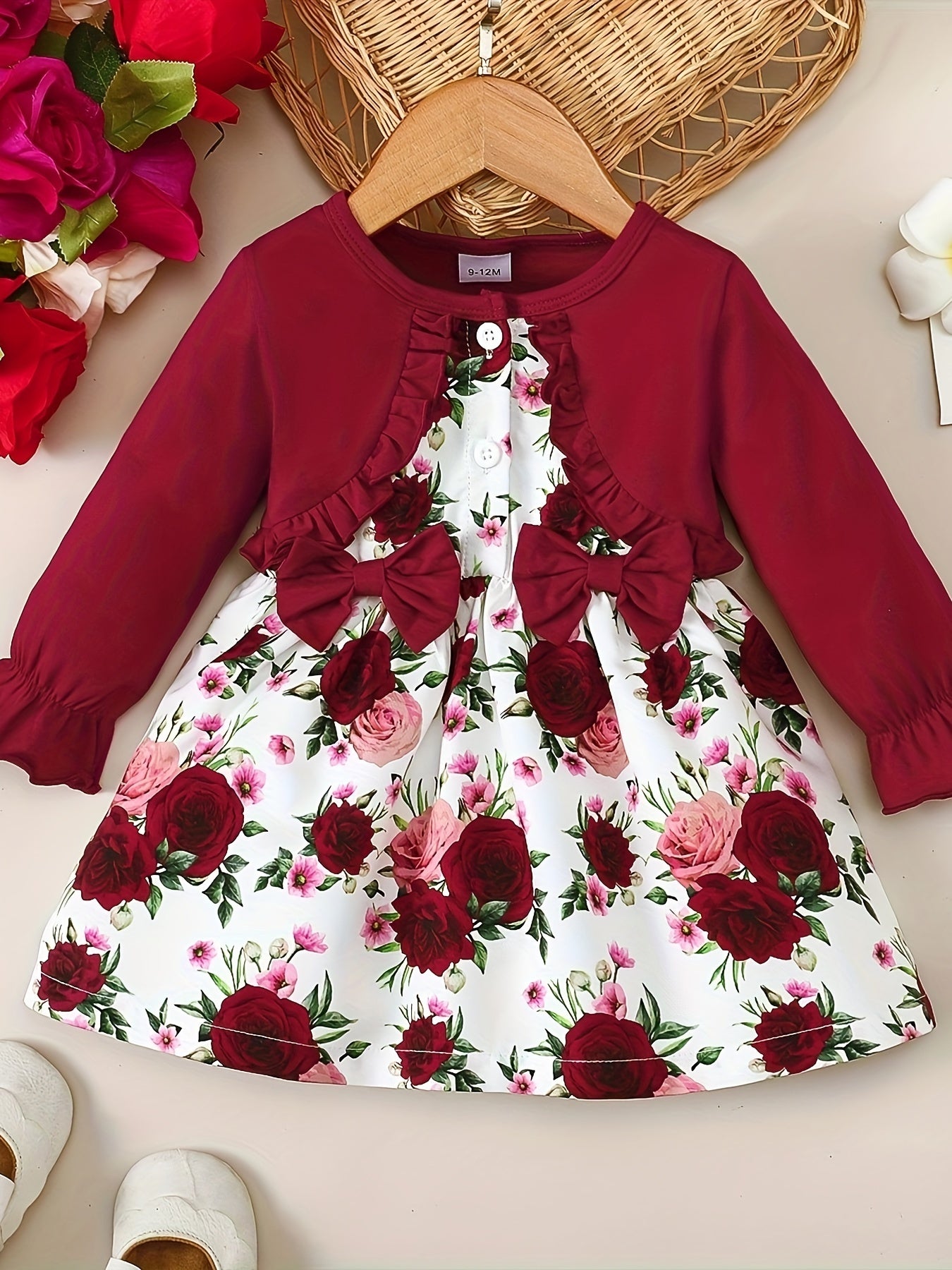 Cute Girls Ditsy Floral Long Sleeve Splicing Faux Two-piece Bow Dress