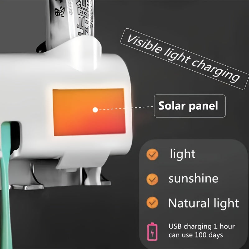 1pc Smart UV Disinfecting Toothbrush Holder with Solar Panel, Wall-Mounted 4-Slot Toothbrush Sanitizer and Squeegee Toothpaste Dispenser, Automatic Power-Off, Bathroom Accessory, No-Drill Installation, USB Rechargeable Lithiu