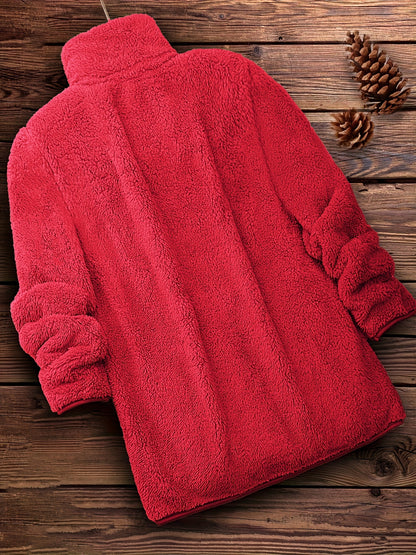 Plus Size Solid Color Fuzzy Coat, Casual Zipper Front Long Sleeve Warm Outerwear For Fall & Winter, Women's Plus Size Clothing